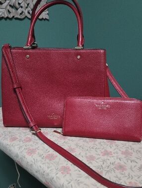 kate spade Rust Red Pebbled Leather Satchel with Matching Zip Wallet